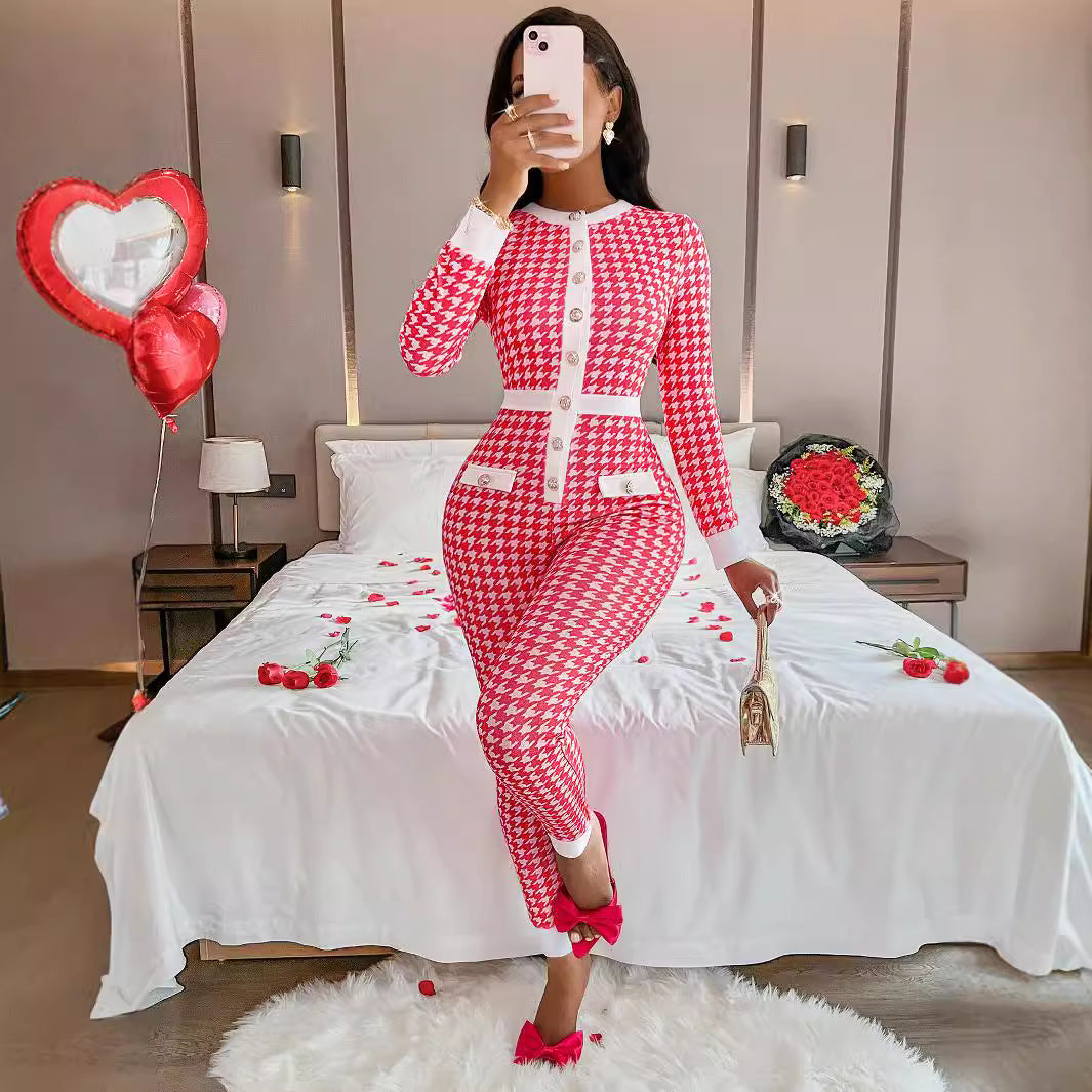 Chic Pink & White Houndstooth Button-Up Bodycon Set