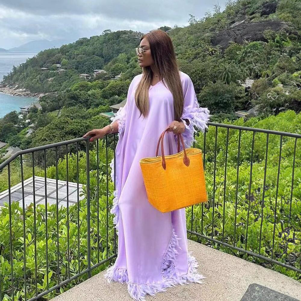 Fully Luxury Feather Batwing Sleeve High-Slit Robe Dress for Women | Elegant Glam Statement Gown