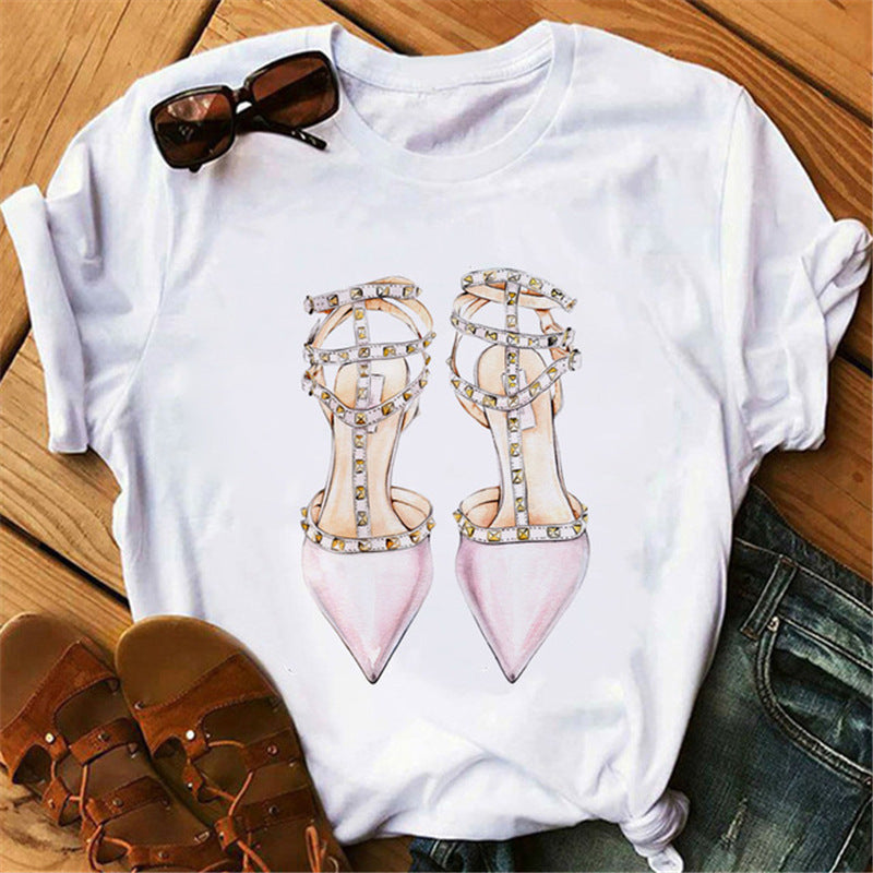 Women's High Heels Pattern Cute Loose Top T-shirt
