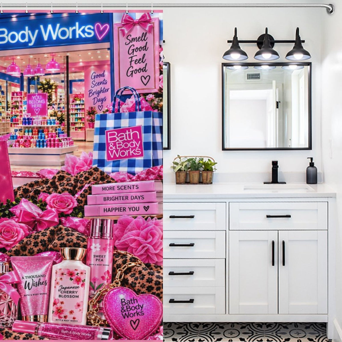 Pink & Blue Self Care Shower Curtain, Girly Bathroom Decor, Perfume Candle Floral Collage, Glam Beauty Bathroom