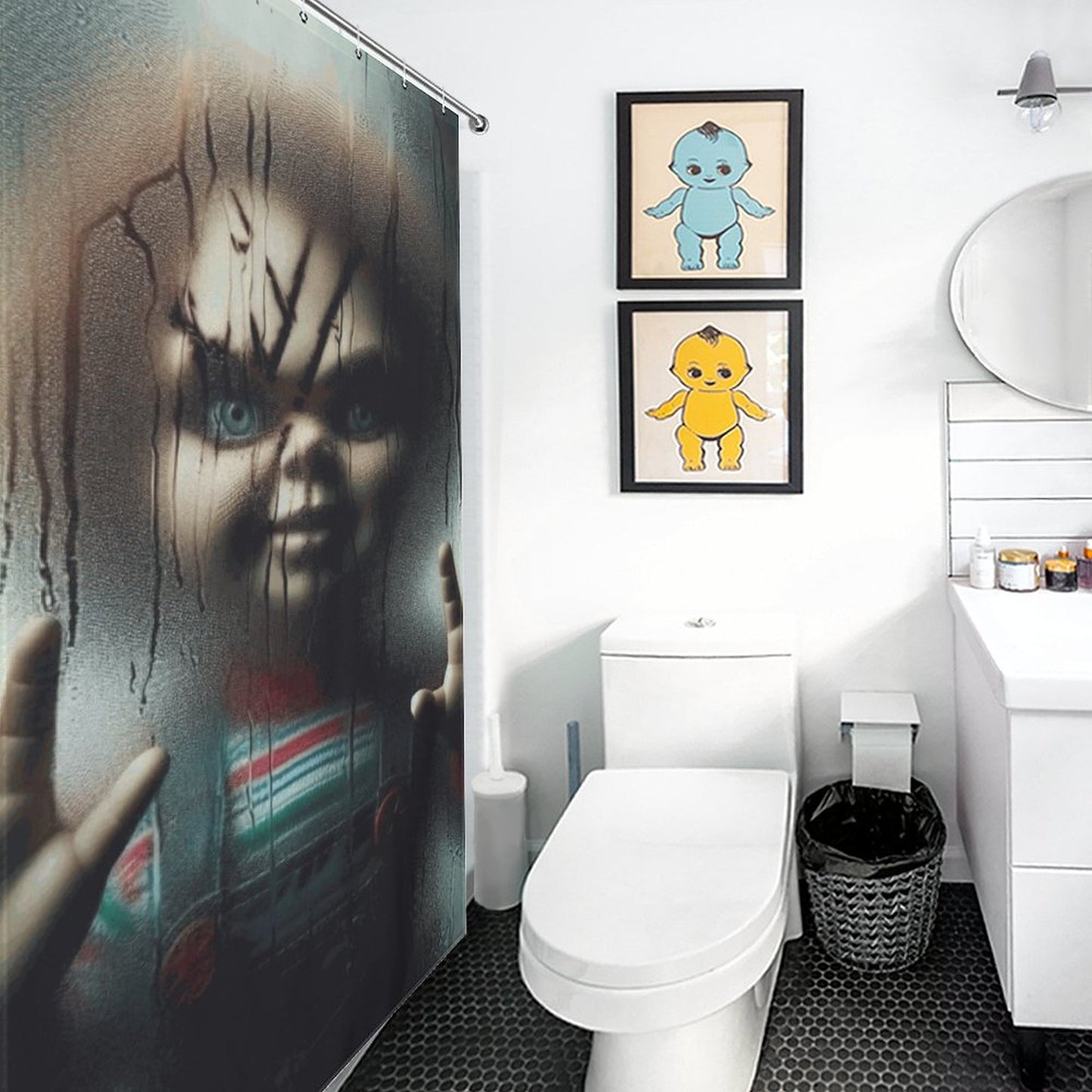 Creepy Chucky Horror Shower Curtain | Killer Doll Bathroom Decor | Halloween Scary Movie Curtain | Spooky Horror Home Decor Gift