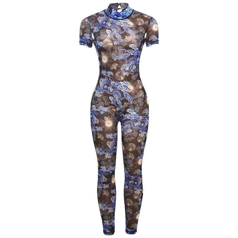 Sexy Backless Half Turtleneck Printed Hollow-Out Jumpsuit – Bold & Body-Hugging Statement Fit