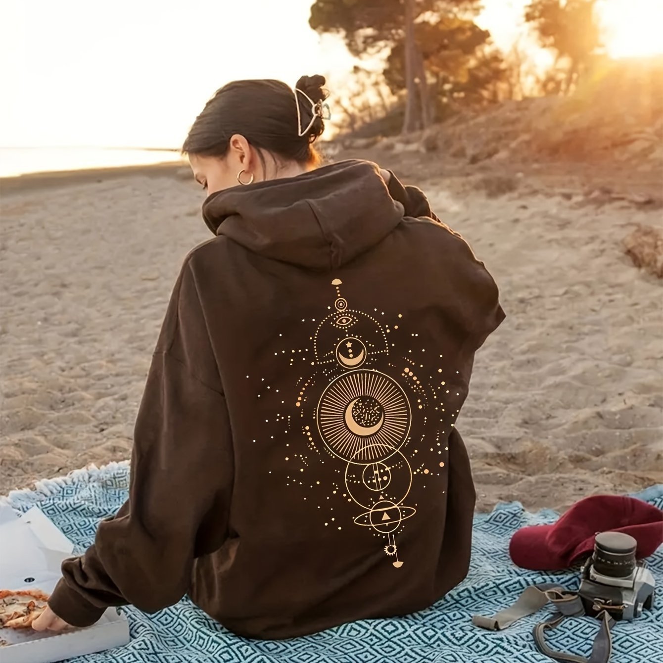 Moon Print Casual Hooded Sweatshirt - Cozy Celestial Style