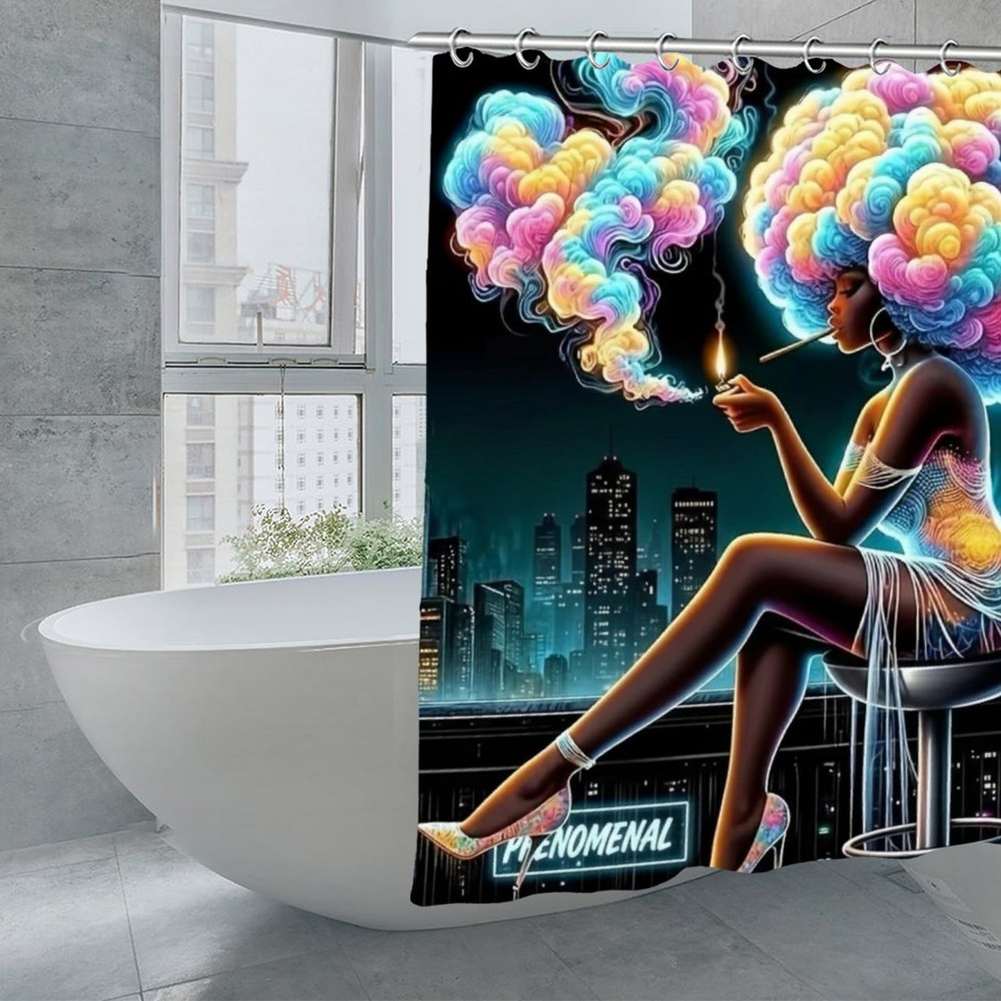 PHENOMENAL Neon Smoke Afrocentric Shower Curtain | Black Woman Art | Cityscape Vibe | Unique Maximalist Home Decor