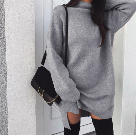 Casual Loose Knit High Neck Split Women Sweater Dress