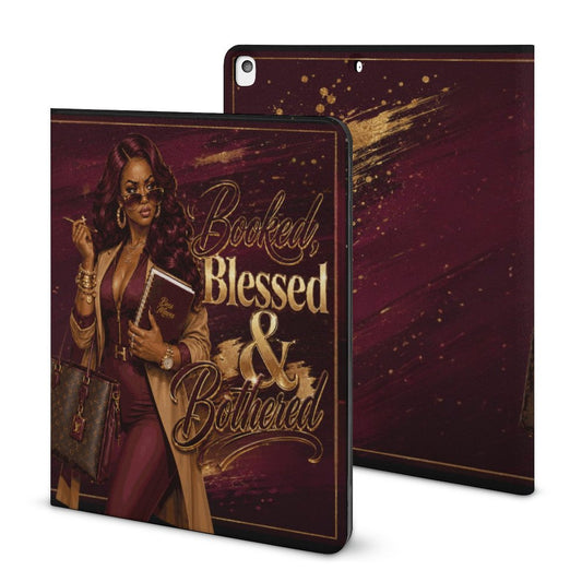 Booked, Blessed & Bothered iPad Case with Apple Pencil Holder | Melanin Boss Lady Tablet Cover | Luxury Burgundy & Gold iPad Protector | Folio Stand Case