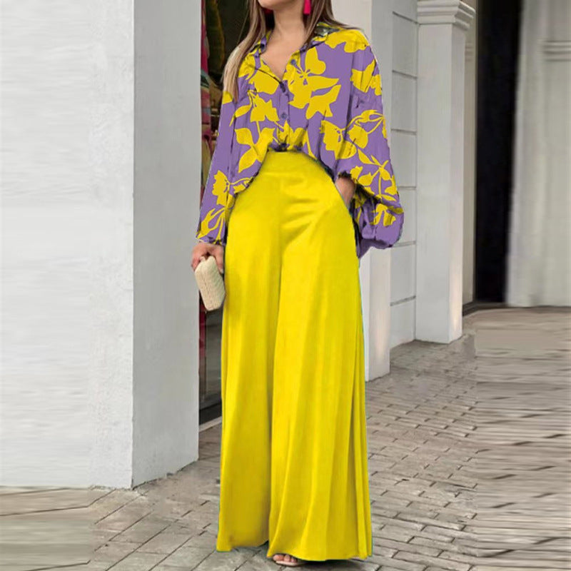 Loose & Elegant Casual Printed Shirt Top + Wide-Leg Pants Set | 2-Piece Fashion Outfit for Women