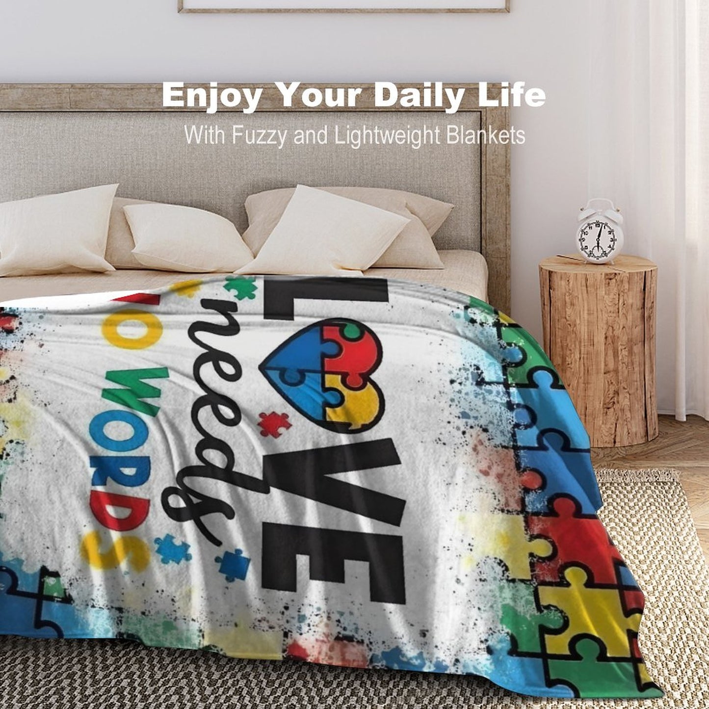 Autism Awareness Love Needs No Words Flannel Blanket – 280GSM Ultra Soft Throw | Puzzle Piece Design | Cozy Gift for Autism Support | 50"x60"