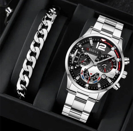 2Pcs Men’s Luxury Steel Strip Quartz Watch & Bracelet Set – Fashion Business Three-Eye Wristwatch Set for Men | Modern Elegant Gift Set