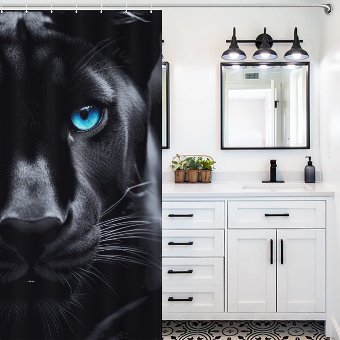 Fierce Black Panther Shower Curtain with Striking Blue Eyes – Bold Animal Design  | Bold African-Inspired Home Decor