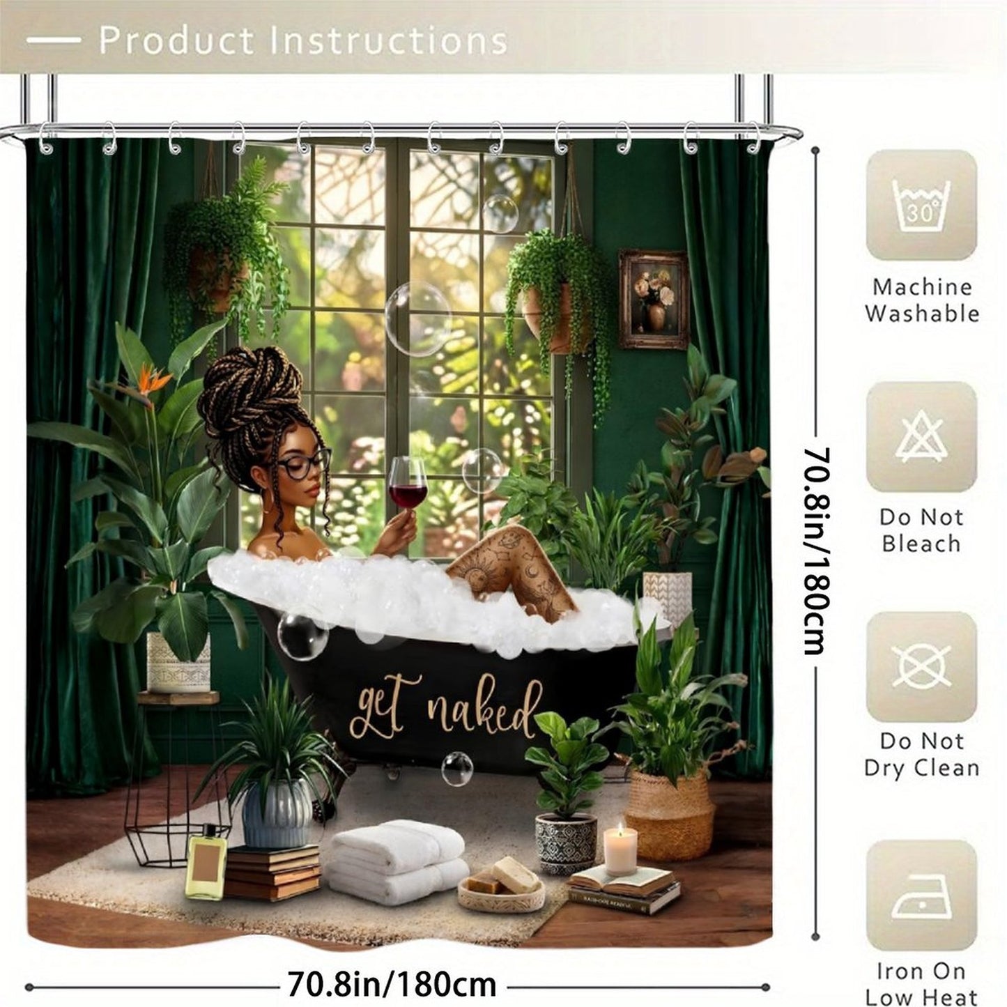 Boho Black Girl Shower Curtain Set, Green Botanical Bathroom Decor, Afro Queen Bubble Bath Curtain, Melanin Bathroom Aesthetic, Get Naked Bath Decor