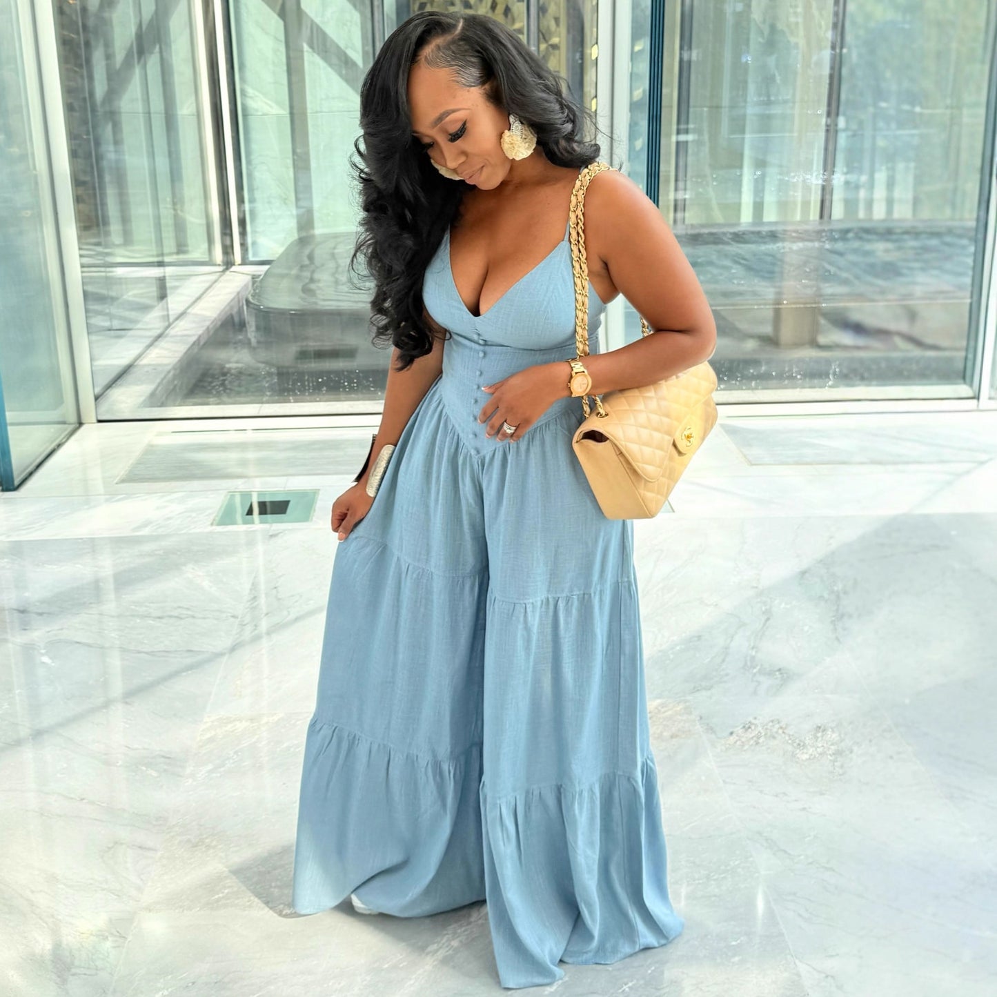 Women’s Deep V-Neck High Waist Jumpsuit – Sexy Elegant Wide Leg Romper, Long Sleeve Bodycon One Piece Outfit, Night Out Clubwear