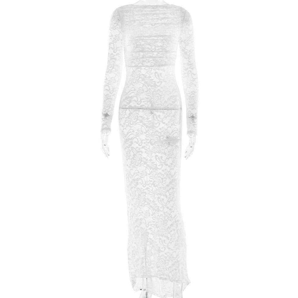 Long Sleeve Backless Lace See-Through Slim-Fit Dress – Sexy Elegant Party Outfit