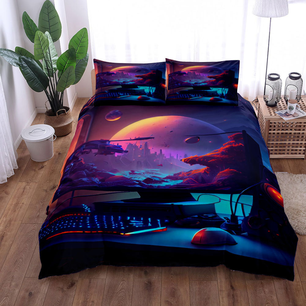 Gamer Bed 3-Piece Bedding Set – Gaming Theme Bed Sheet, Coverlet & Pillowcase – Ultimate Gamer Bedroom Decor