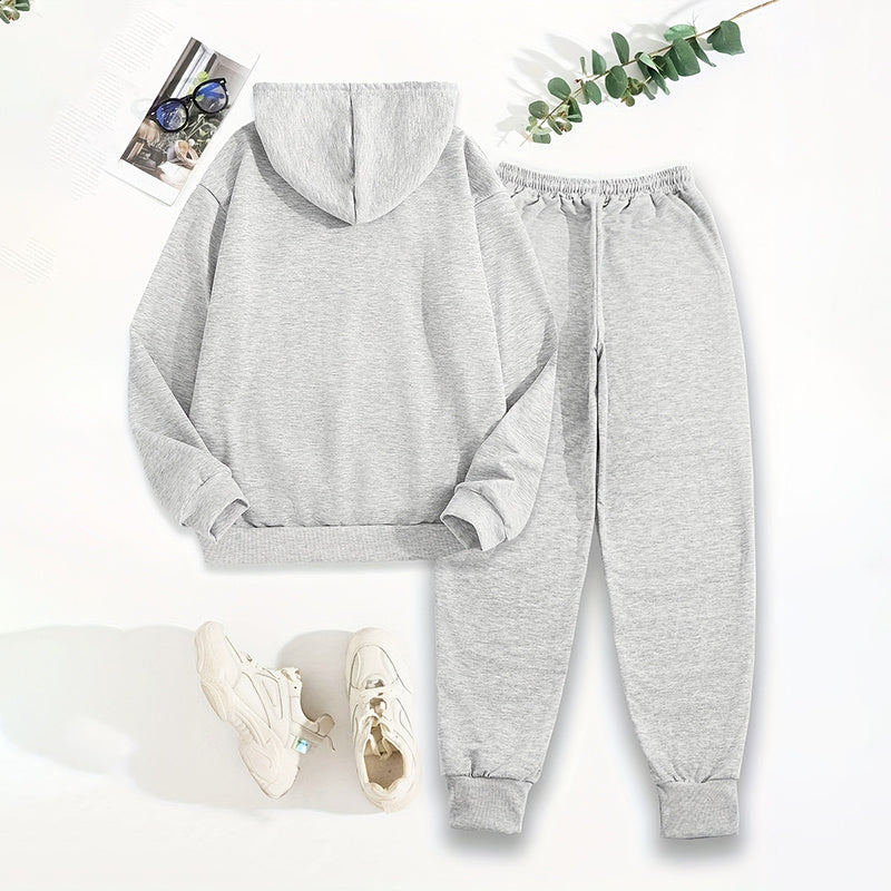 Women's Solid 2-Piece Letter Print Hoodie & Jogger Set – Casual Tracksuit with Pocket & Drawstring Pants | Stylish Lounge wear Outfit