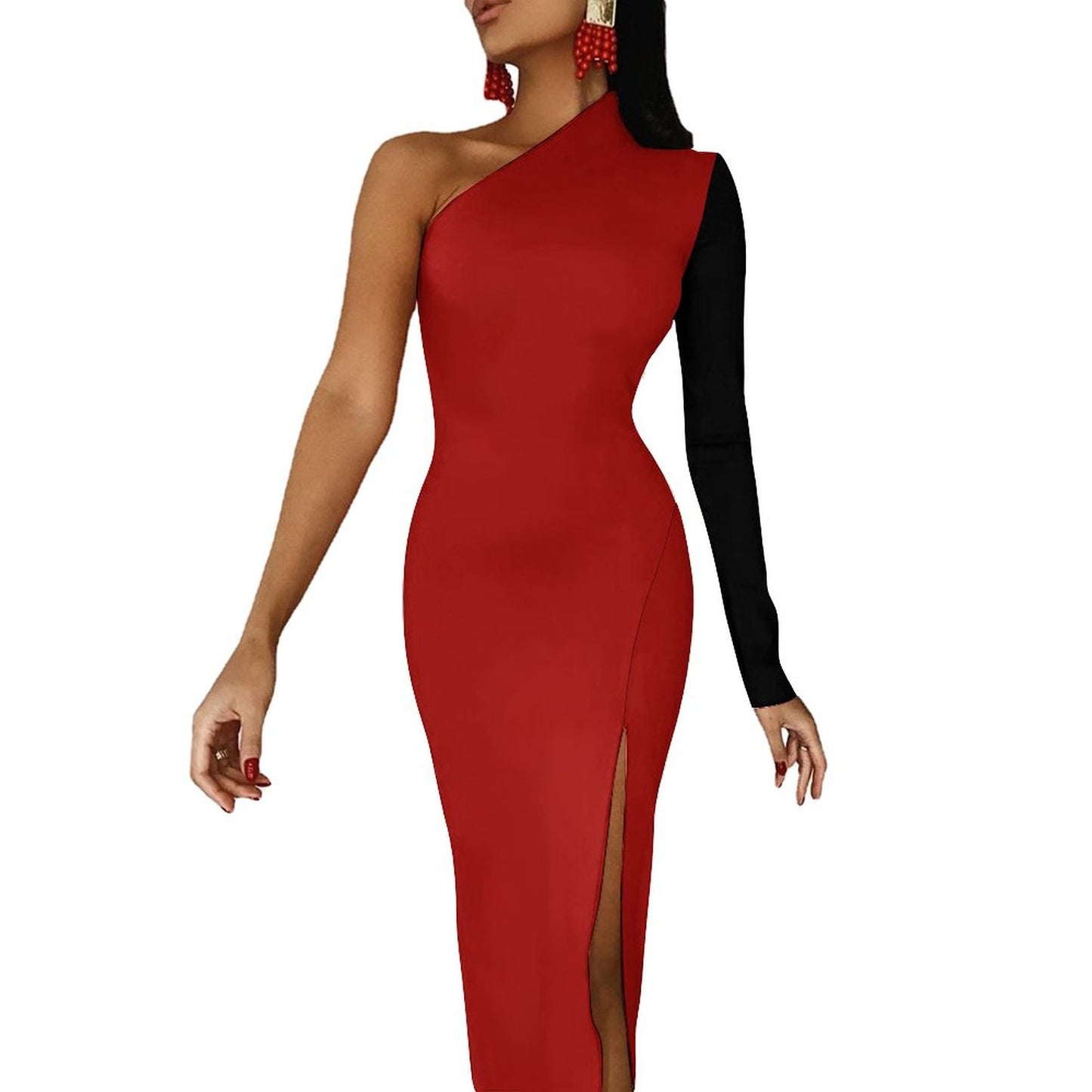 Red and Black Evening Gown One Shoulder Split Dress