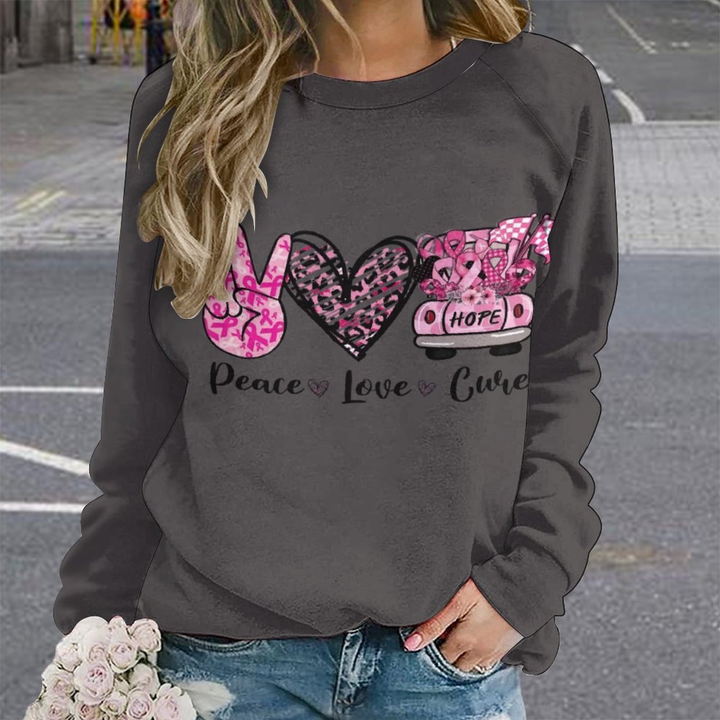 Women's Peace Love Cure Breast Cancer Awareness Sweatshirt - Pink Ribbon Pullover