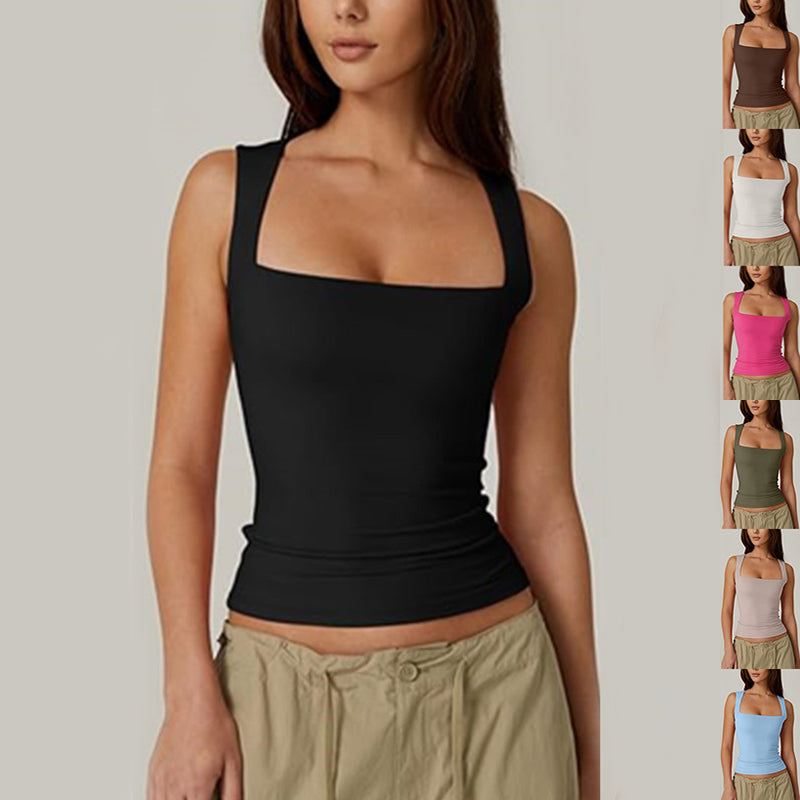 Summer Square-Neck Tank Vest – Women’s Slim Fit Solid Sleeveless Top | Chic Casual Summer Fashion Essential