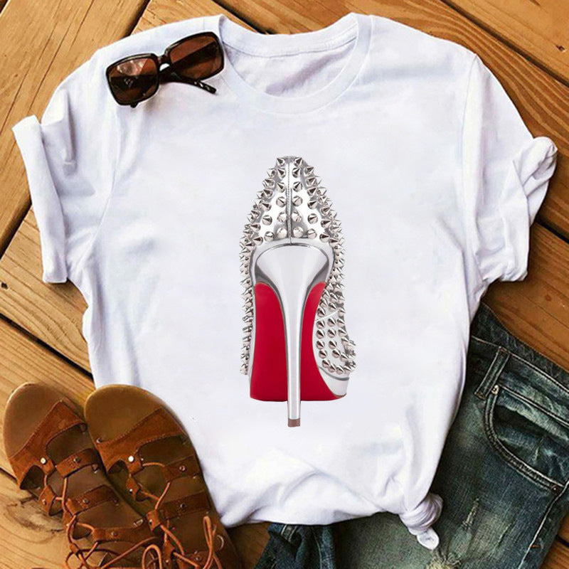 Women's High Heels Pattern Cute Loose Top T-shirt
