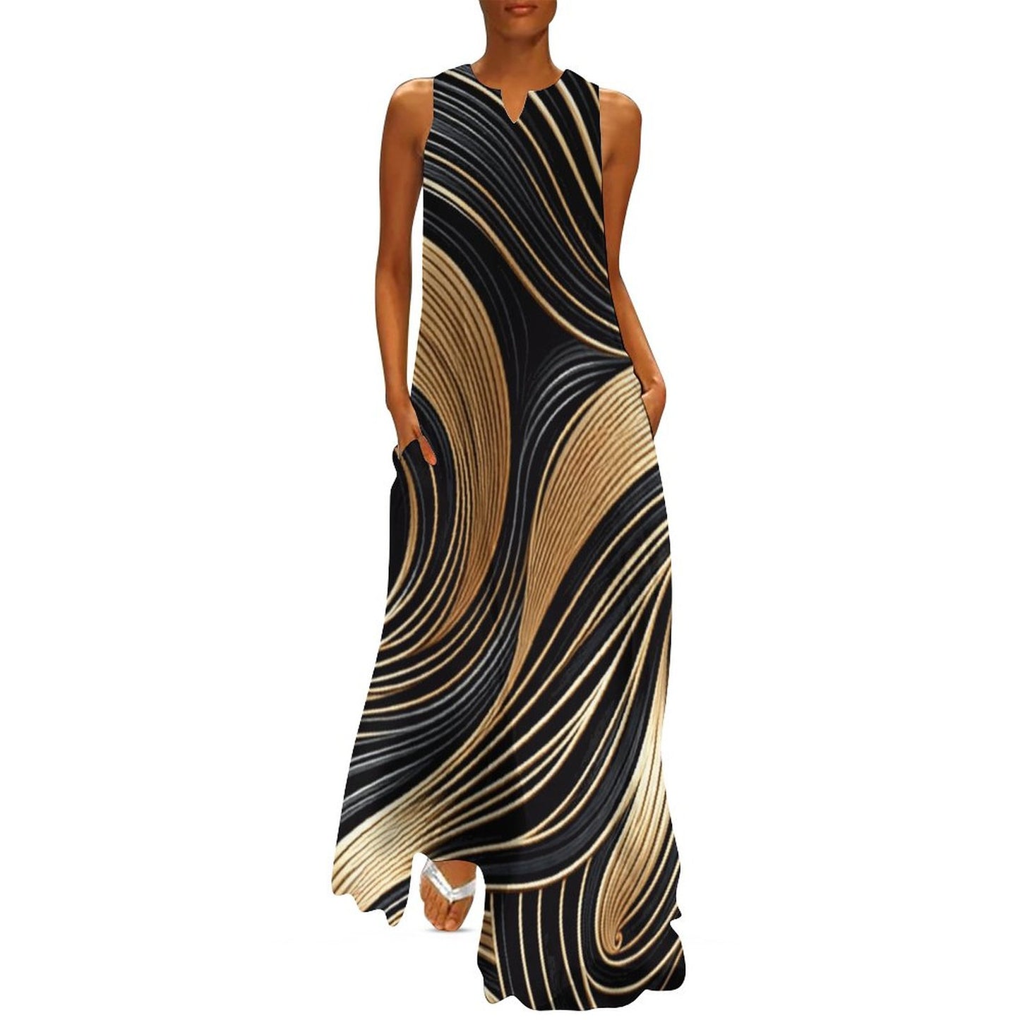 Black and Gold Sleeveless Ankle-length Dress/ Casual Dress/ Evening Wear