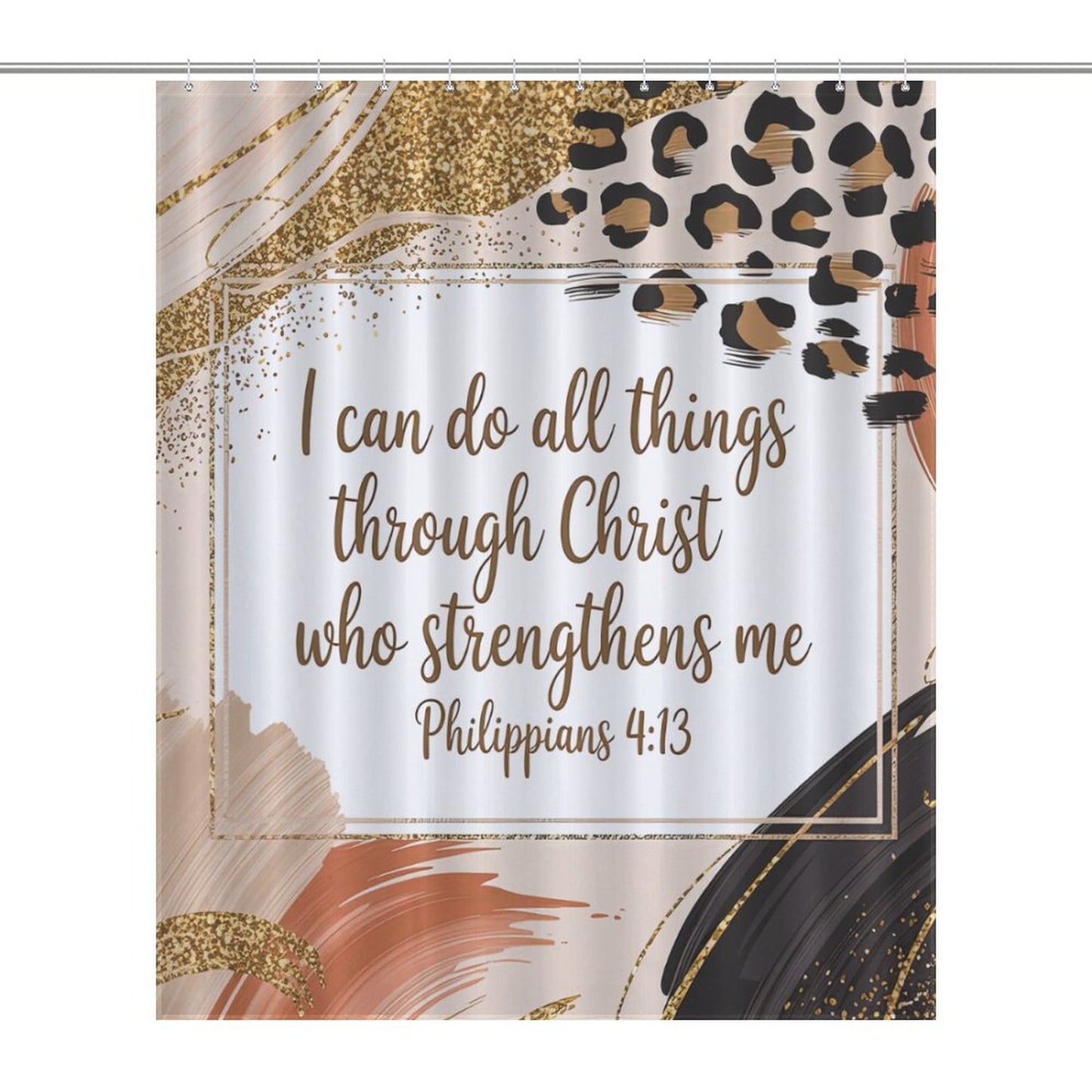 Philippians 4:13 Shower Curtain – Pink, Gold & Leopard Print | Inspirational Bible Verse Bathroom Decor | Christian Faith Home Accent