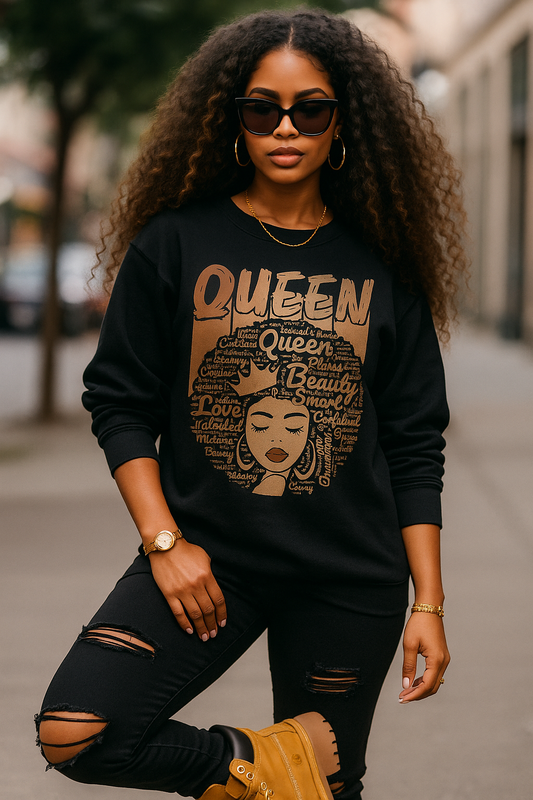 Melanin Queen Sweatshirt – Black Women Empowerment Graphic Pullover | Afro Art Streetwear | Confident Black Queen Fashion