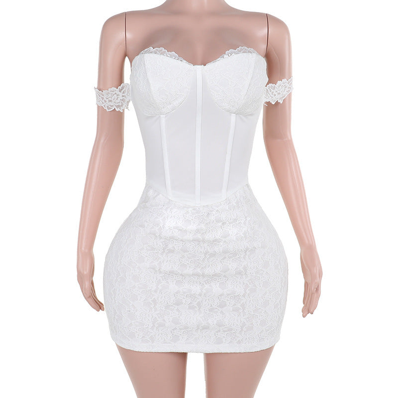 Lace Fishbone Girdle Off-shoulder Dress