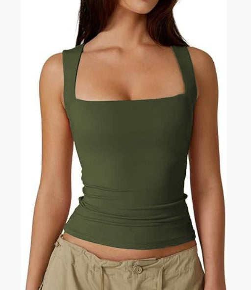 Summer Square-Neck Tank Vest – Women’s Slim Fit Solid Sleeveless Top | Chic Casual Summer Fashion Essential