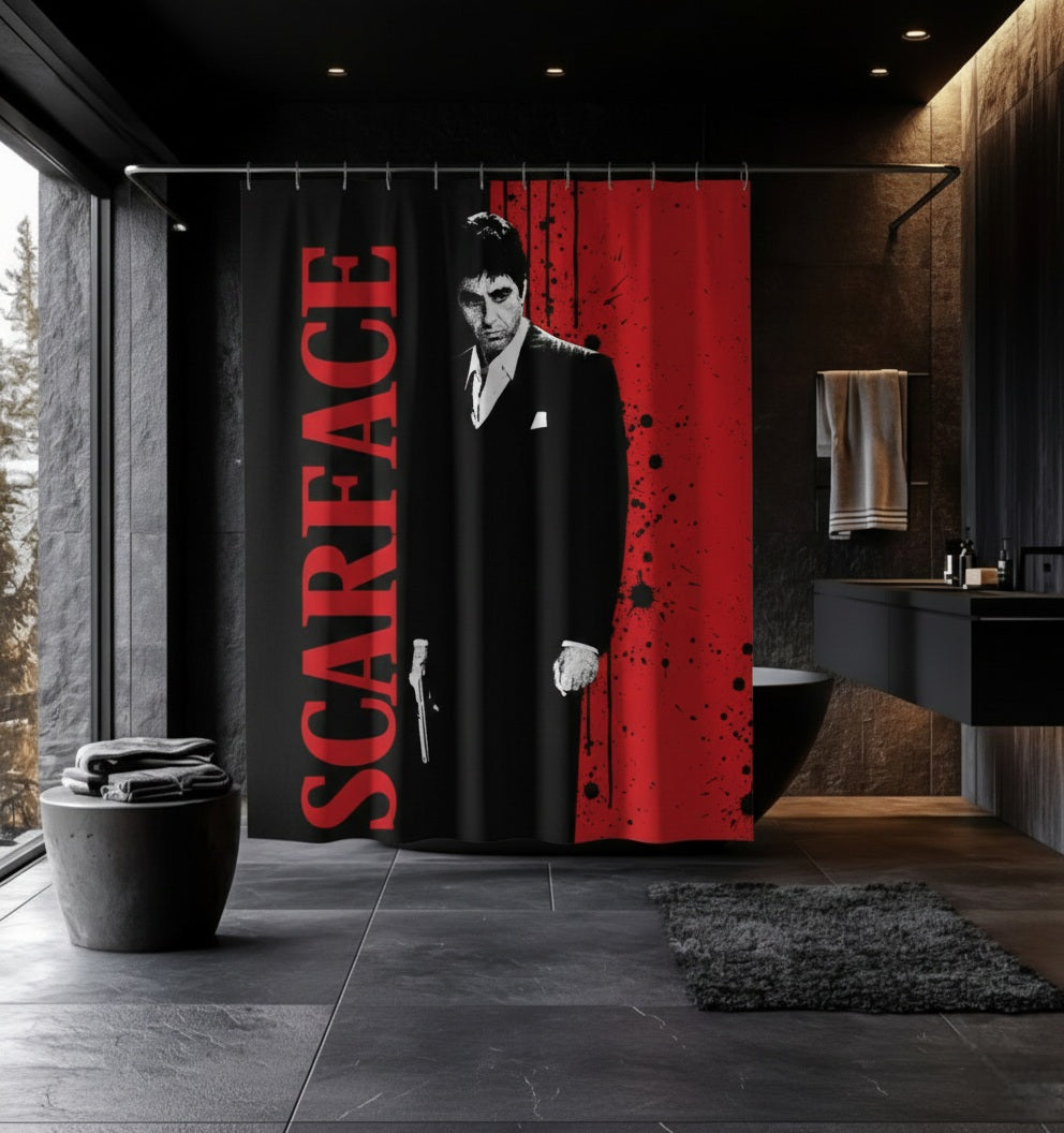 Scarface Black and Red Shower Curtain | Tony Montana Inspired Bathroom Decor | Mafia Movie Bathroom Set | Luxury Urban Home Decor