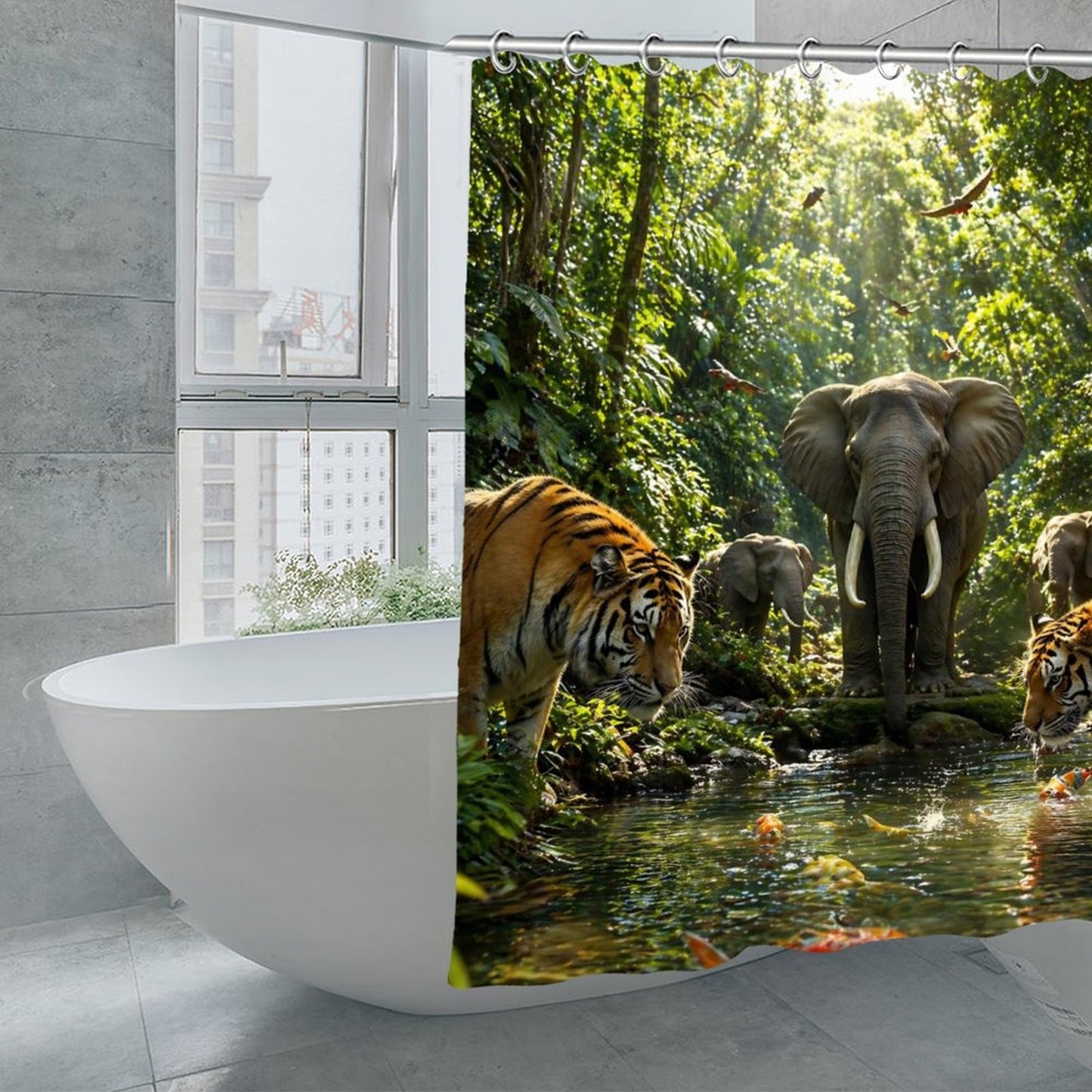 Luxury Jungle Wildlife Shower Curtain – Elephant & Tiger Nature Scene Waterproof Bathroom Decor, Tropical Forest Animal Bath Curtain