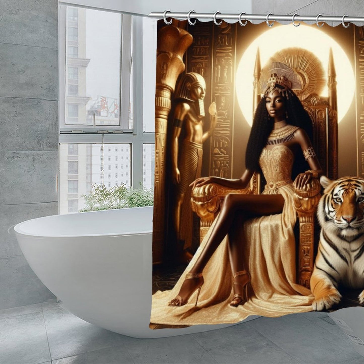 Majestic Queen on Throne with Tiger Waterproof Shower Curtain - Egyptian Gold & Black Luxury Bath Decor Waterproof Shower Curtain