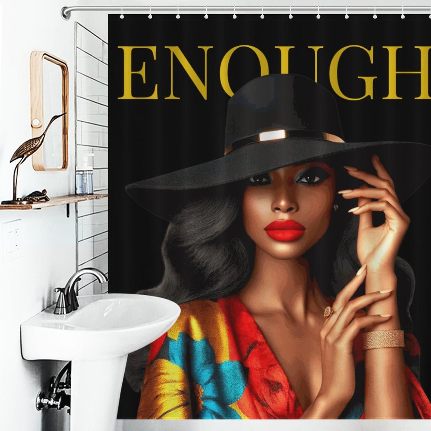 ENOUGH – Bold & Elegant Black Woman Shower Curtain