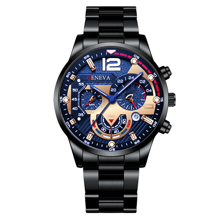 2Pcs Men’s Luxury Steel Strip Quartz Watch & Bracelet Set – Fashion Business Three-Eye Wristwatch Set for Men | Modern Elegant Gift Set