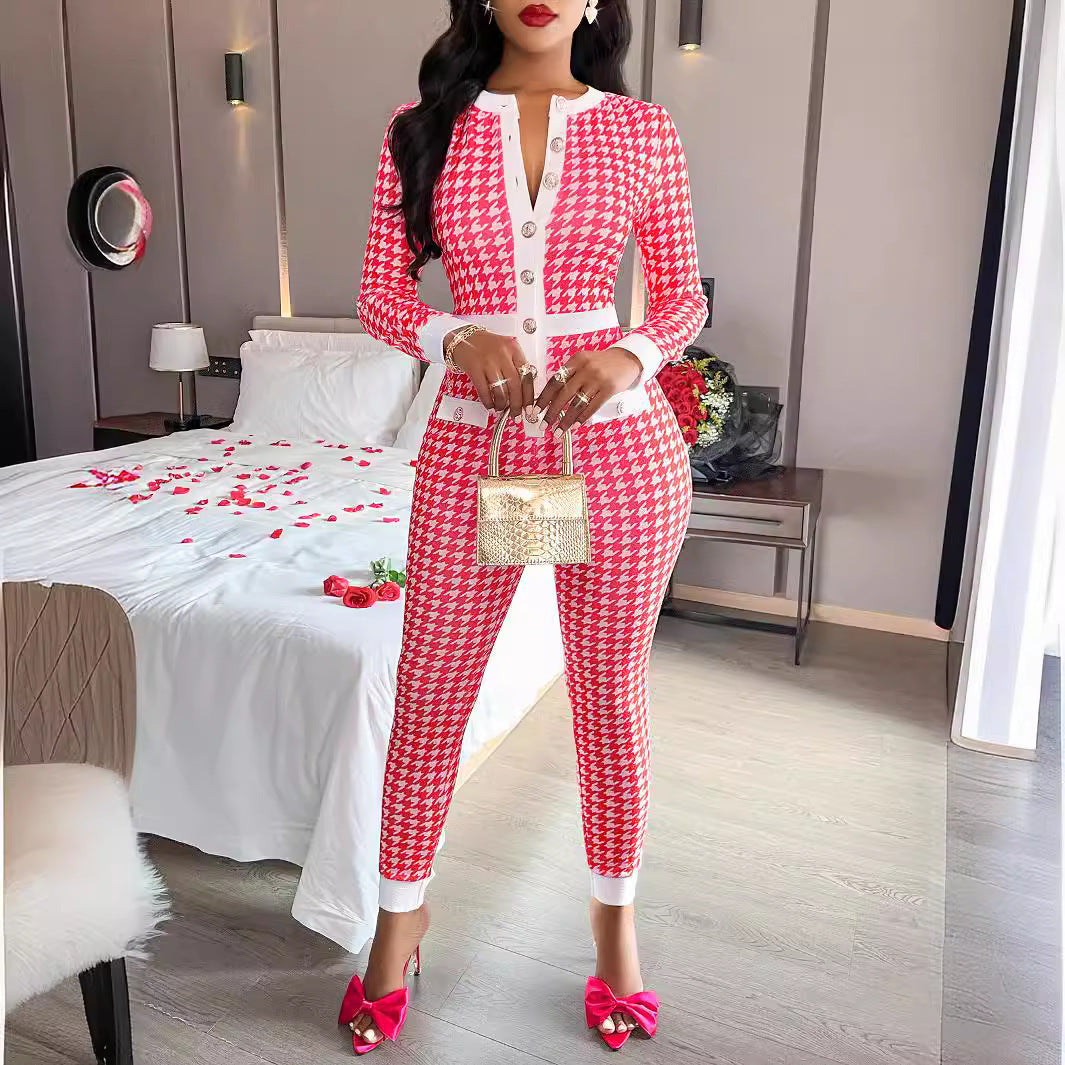 Chic Pink & White Houndstooth Button-Up Bodycon Set