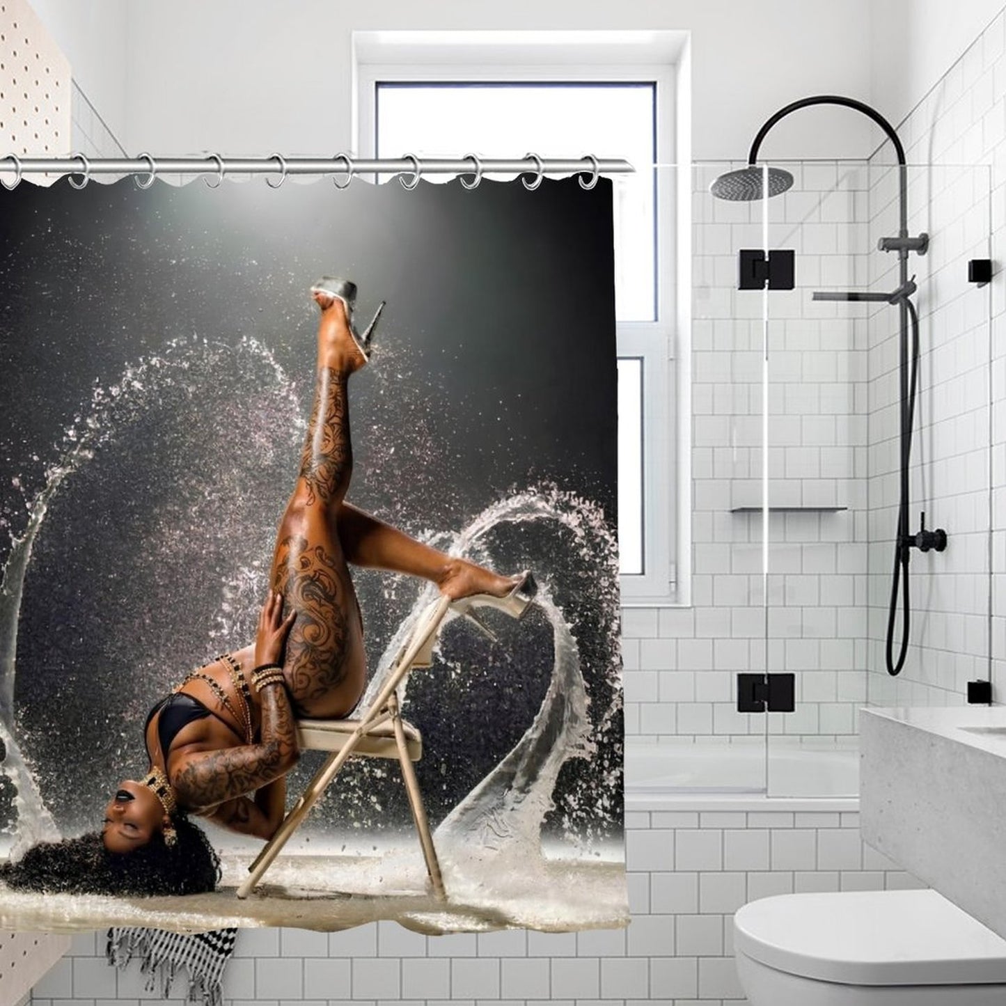 Luxury Black & Gold Tattoo Goddess Shower Curtain Set | Glam Bathroom Decor | Waterproof Modern Bathroom Curtain | Bold Sexy Spa Aesthetic