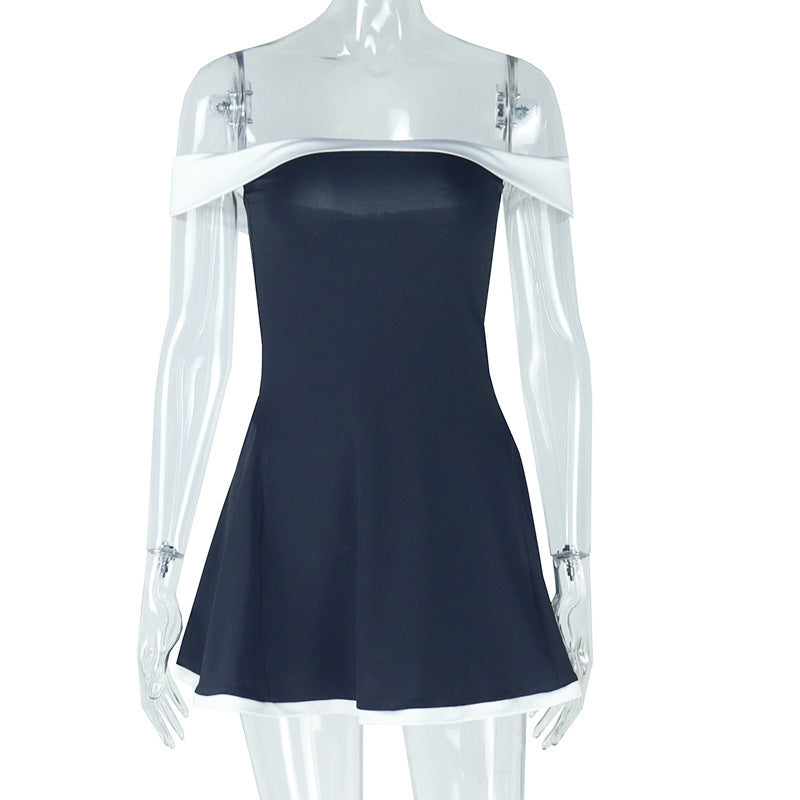 Y2K Black & White Patchwork Mini Dress – Backless Bodycon Streetwear for Women