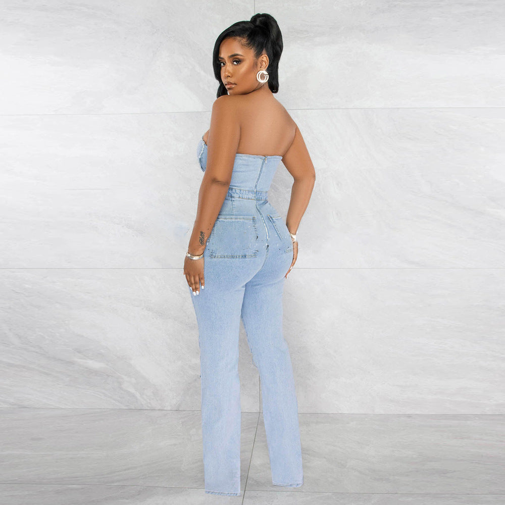 Women’s V-Neck Denim Jumpsuit with Distressed Holes & Zip Pockets | Sexy Streetwear One-Piece Outfit | Casual Chic Denim Romper for Women