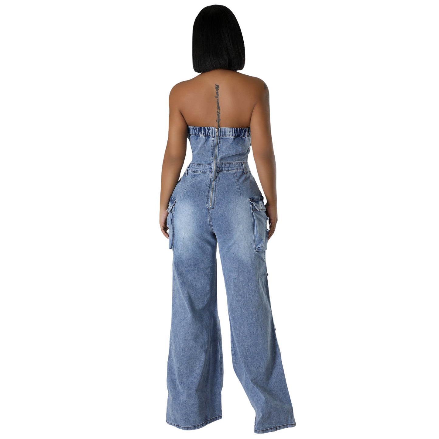 Women’s Sexy Backless Denim Jumpsuit – Slim Fit Stretch Flared Leg Sleeveless Romper | Trendy Streetwear Outfit for Summer, Night Out & Casual Chic Looks