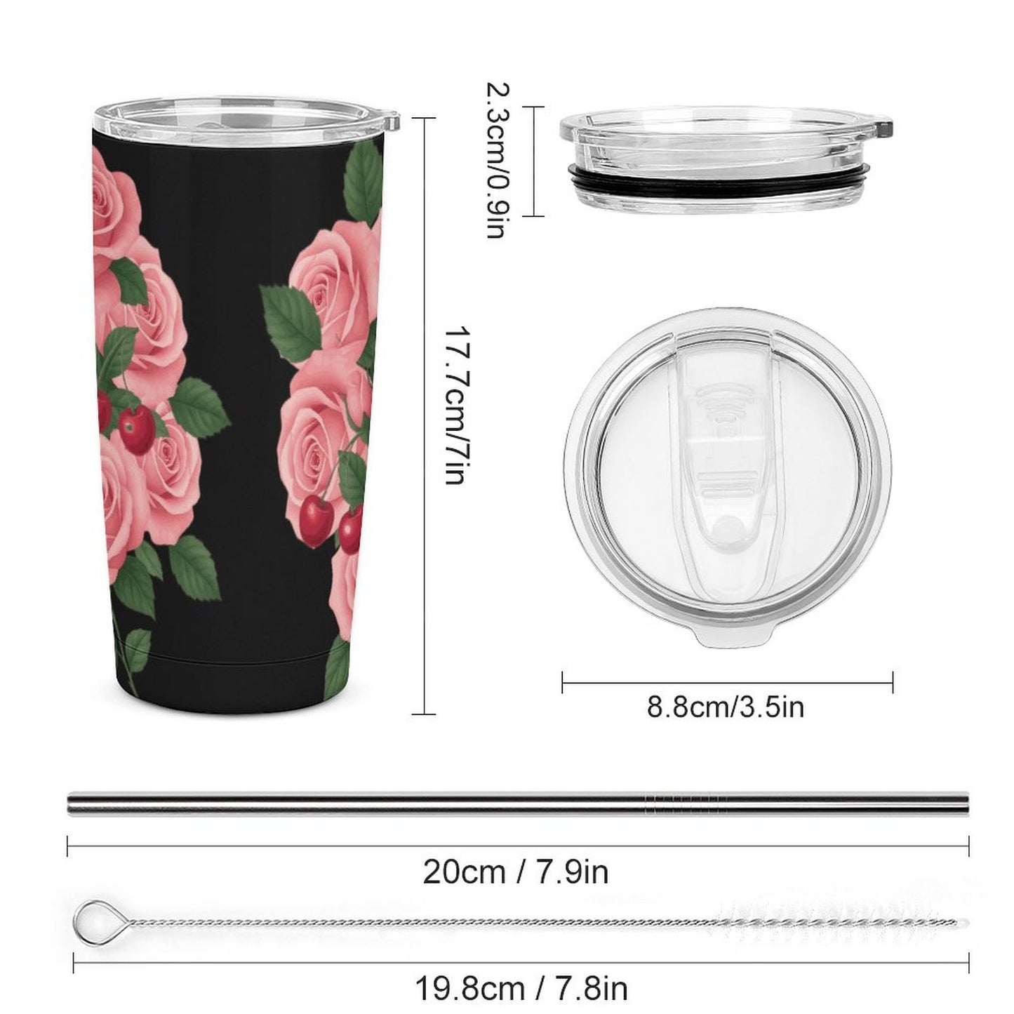 Dr. Pepper Black & Pink Floral Tumbler with Straw | Vintage Cherry Rose Insulated Travel Cup | 20oz Stainless Steel Tumbler