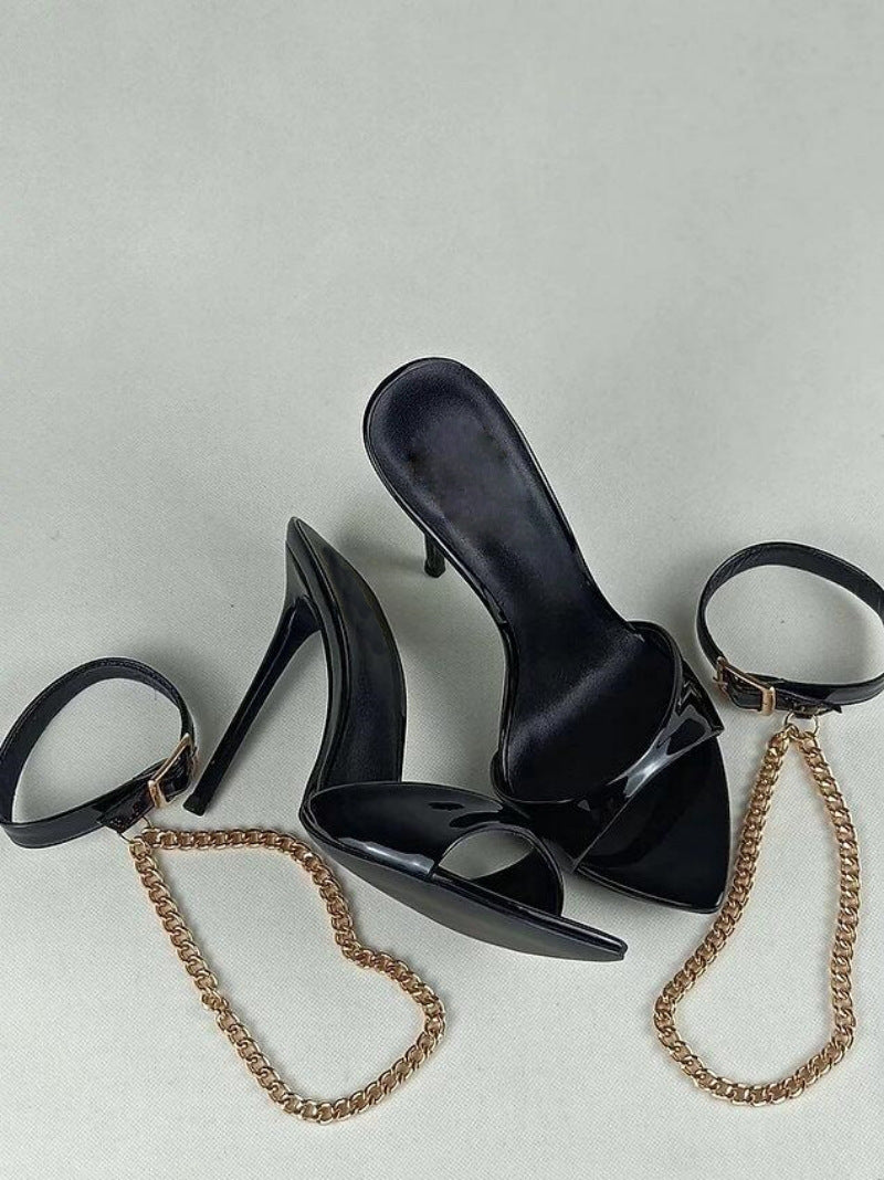 Pointed Toe Open Toe Roman Chain Stiletto Heels for Women – Elegant Statement Sandals