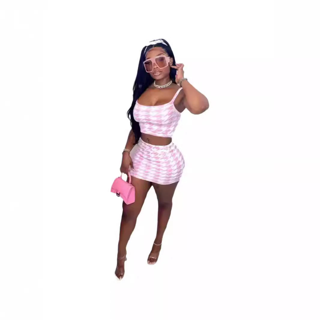 Women's Summer New Houndstooth Sling Skirt Suit