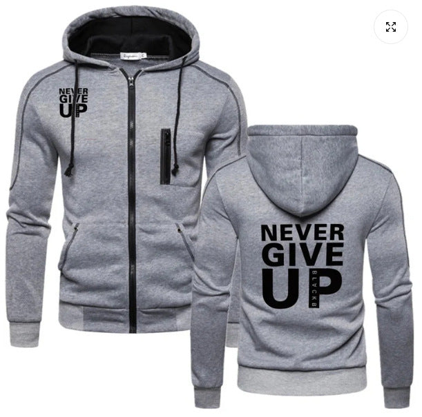 Men’s “Never Give Up” Hoodie – Casual Street wear Pullover | Motivational Graphic Sweatshirt