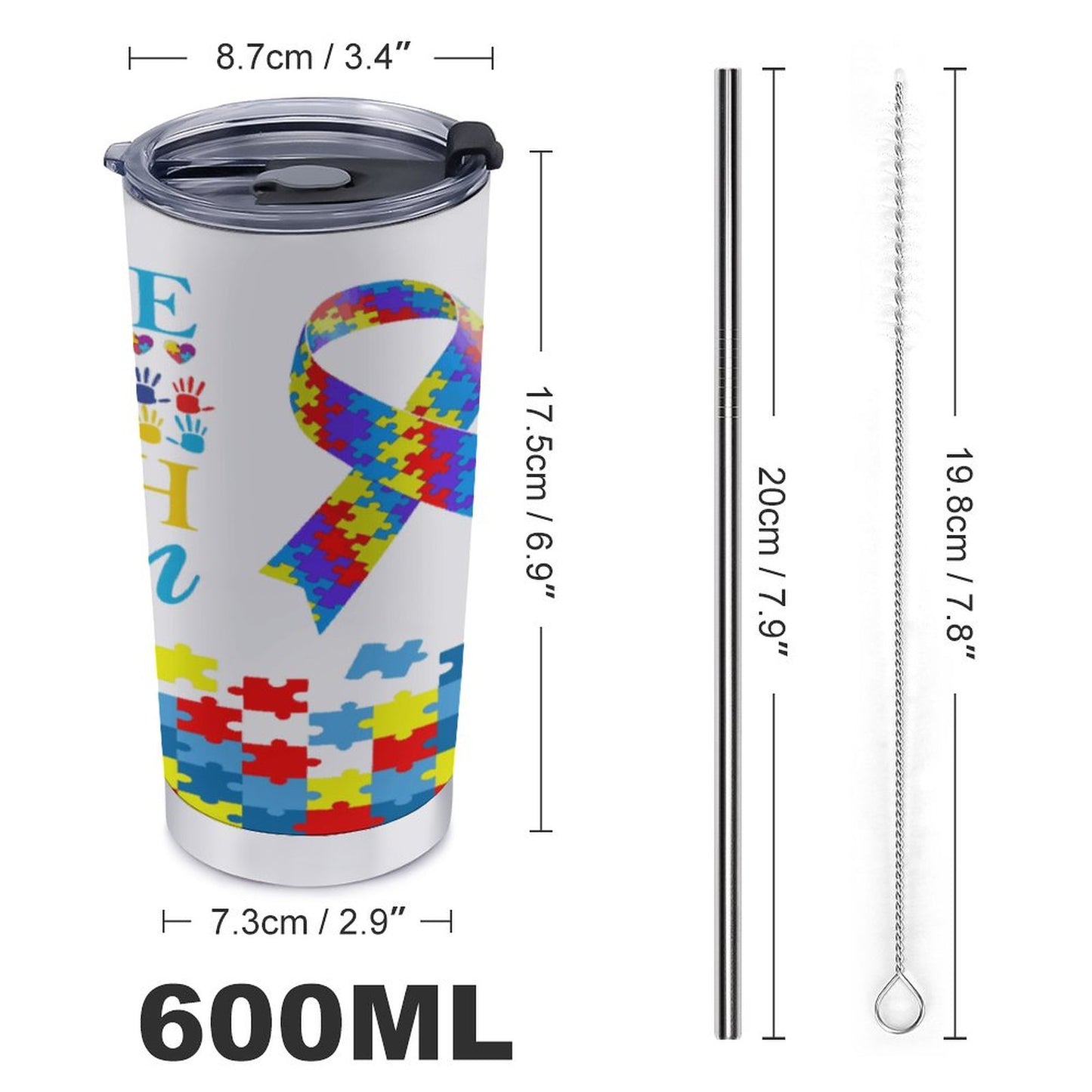 Autism Awareness 20oz Travel Mug Set with Cleaning Kit – 590ml Insulated Coffee Tumbler, Puzzle Design, Neurodiversity Support Gift, Hot & Cold Cup