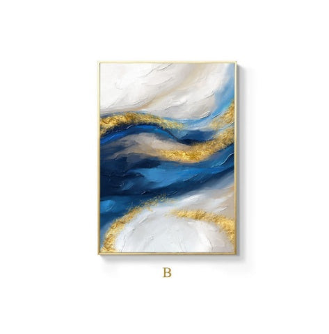 Abstract Canvas Painting Blue Gold White – Modern Wall Art Contemporary Home Living Room Décor