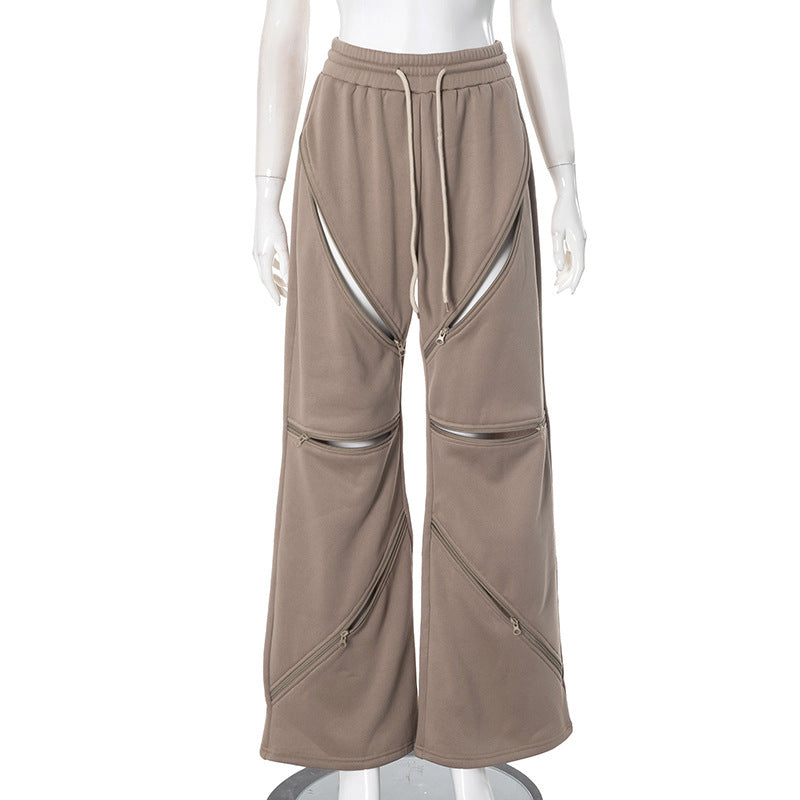 Fashionable Multi-Zipper Pocket Loose Trousers for Women - Effortless Style & Utility