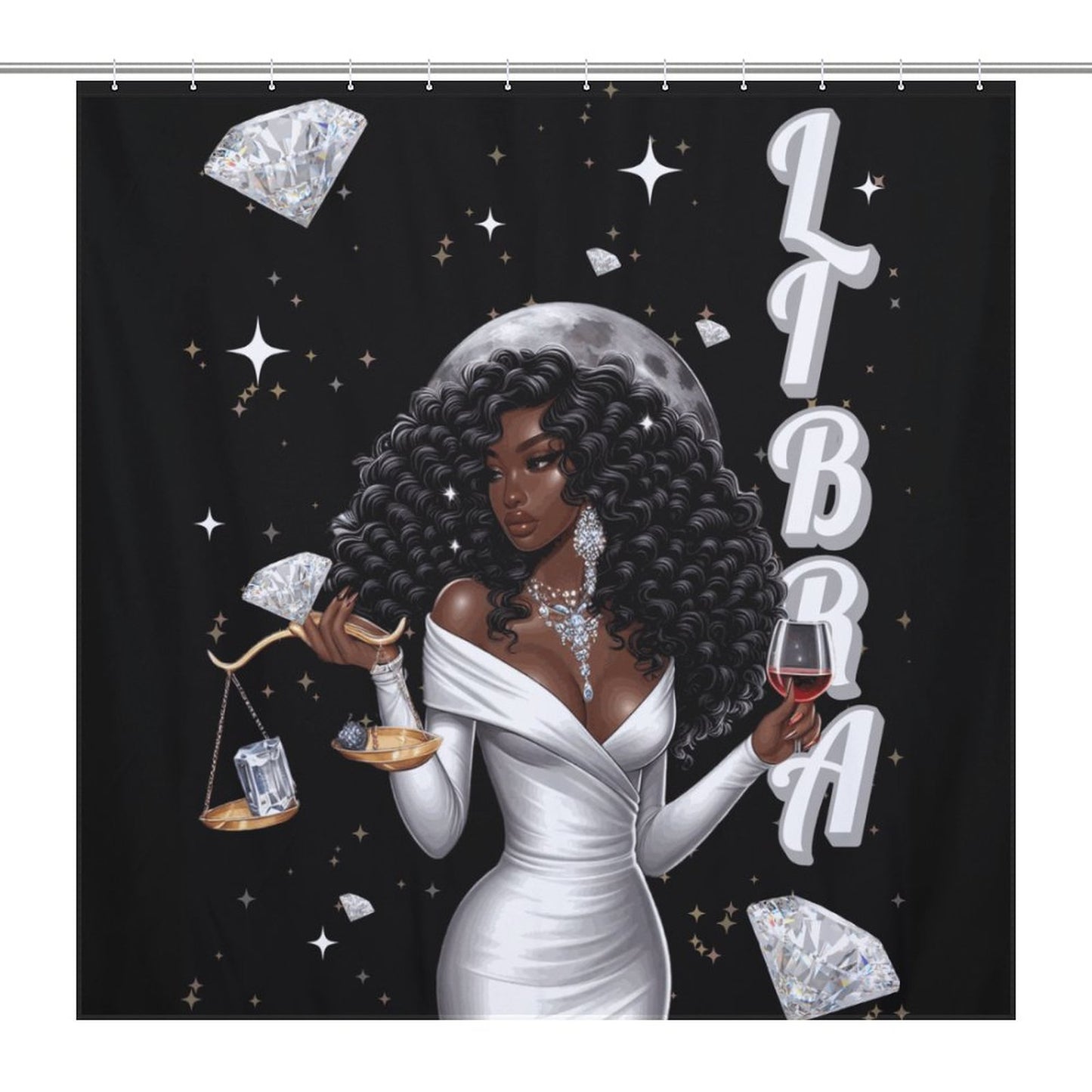 Melanin Libra Women with Diamonds Shower Curtain – Zodiac-Inspired Luxury Bathroom Decor