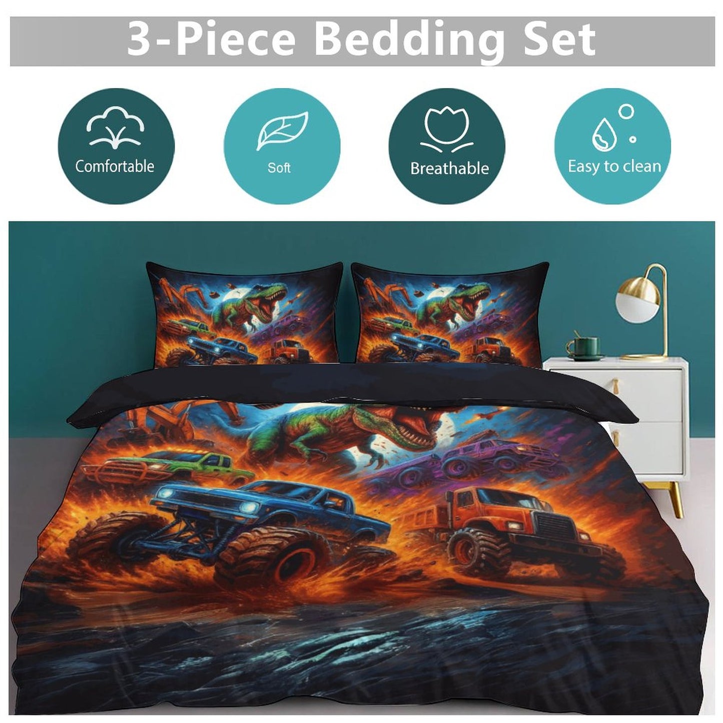 Jurassic Dinosaur Kids Bedding Set – 3-Piece Twin Size 86"x70" | Hot Wheels Truck Chase Design | Double-Sided Print | Boys Room Decor