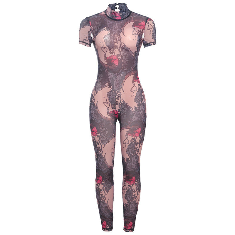 Sexy Backless Half Turtleneck Printed Hollow-Out Jumpsuit – Bold & Body-Hugging Statement Fit