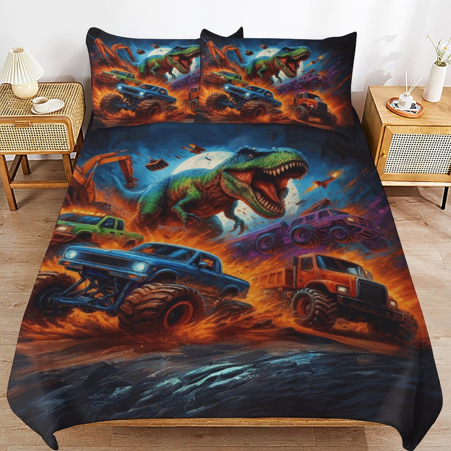 Jurassic Dinosaur Kids Bedding Set – 3-Piece Twin Size 86"x70" | Hot Wheels Truck Chase Design | Double-Sided Print | Boys Room Decor