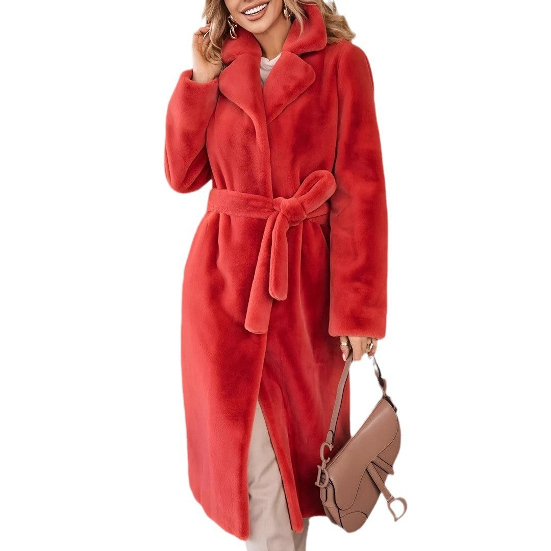 Women's Fashionable Lace-Up Plush Long Coat | Elegant Turn-Down Collar Winter Jacket